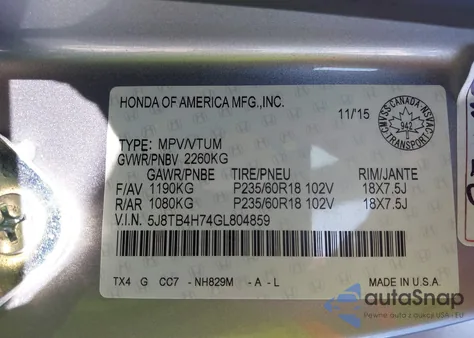 2016 Acura Rdx Advance Package z USA, uszkodzony, nr VIN 5J8TB4H74GL804859